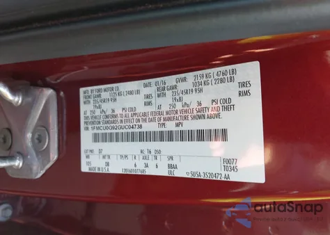 2016 Ford Escape Se from USA, damaged, VIN 1FMCU0G92GUC04738